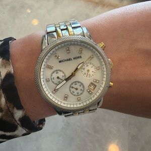 Michael Kors Two-Tone Silver and Gold Crystal Dial Chronograph Watch Pearl Face